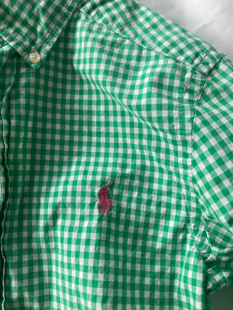 Ralph Lauren Green And White Gingham Button-Down Shirt With Pink Polo Logo